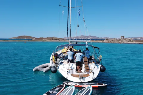 Delos (passage) Rhenia (baignade) et moulins à vent de la Petite Venise