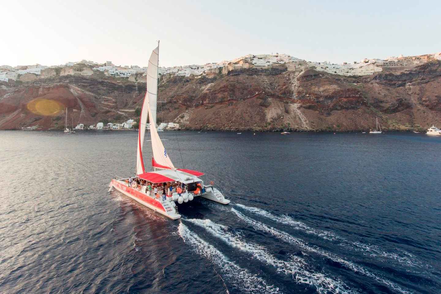 Santorini: Cruise Catamaran with BBQ & Drinks Day or Sunset