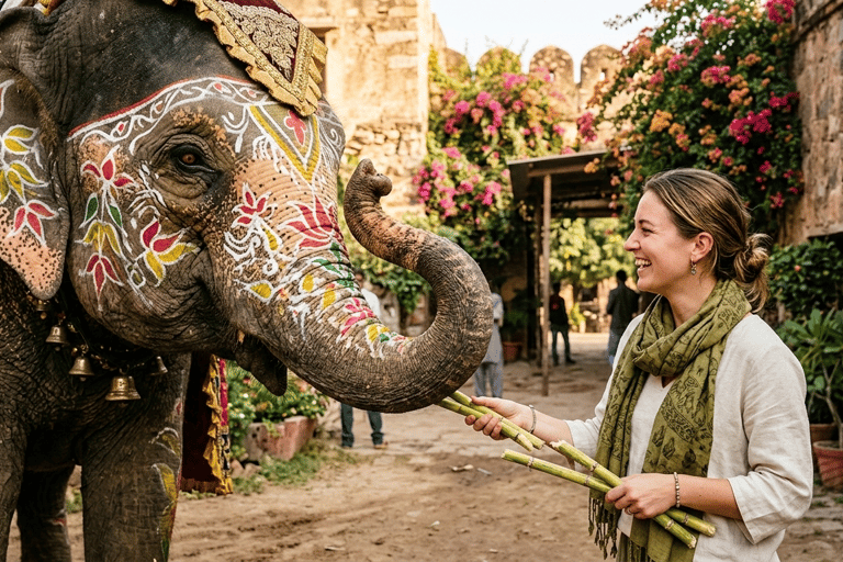 Jaipur Elephant Magic: Paint, Feed & Ride Tour with Pickup All Elephant Activity Riding, Feeding, Painting, Climbing