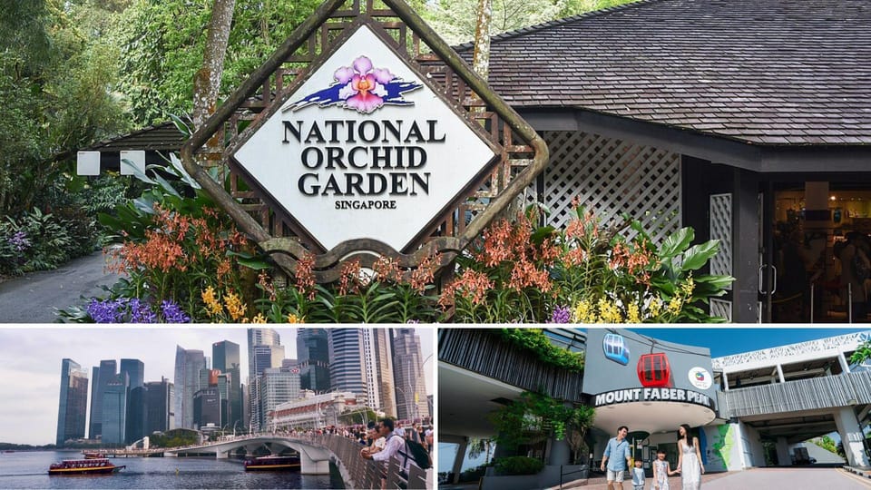 Three-panel tour photo: the wooden entrance sign of the Orchid Garden banked with flowers, the river with the financial district behind it, and a cable car station with a family walking past