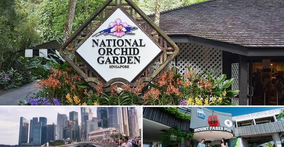 Three-panel tour photo: the wooden entrance sign of the Orchid Garden banked with flowers, the river with the financial district behind it, and a cable car station with a family walking past