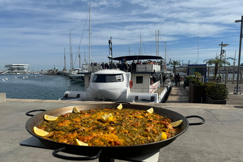 Valencia: Katamaran-Kreuzfahrt, Paella-Mittagessen und BadestoppValencia: Katamaran-Bootsfahrt, Paella-Mittagessen und Badestopp
