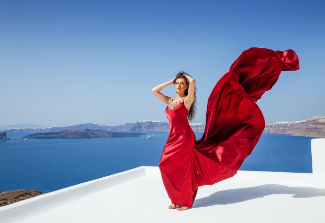 Visit Santorini Flying Dress Photoshoot in Oia