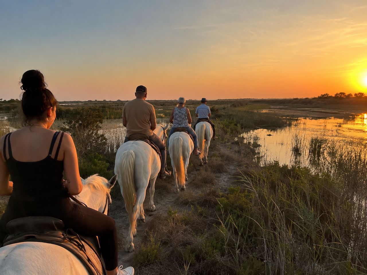 Romantischer Ausritt in der Natur bei Sonnenuntergang in der Camargue