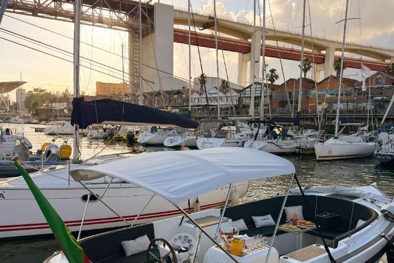 Lisbon Sunset Luxury Boat Vibes with Drinks & Pizza Lisbon Luxury Cozy Cruise with Drinks & Pizza