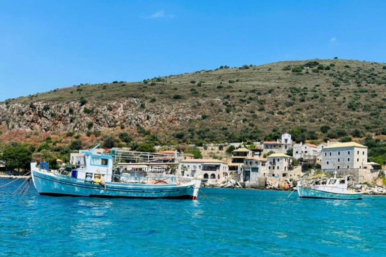 Messinia: Private Boat Trip with Snorkeling and Snacks Private 4 hour cruise • Swim, explore & enjoy local flavors
