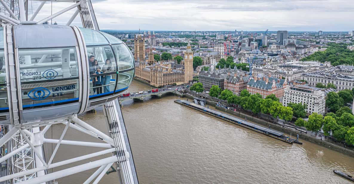 A London Eye capsule above the Thames, with Westminster Bridge and the Houses of Parliament beyond