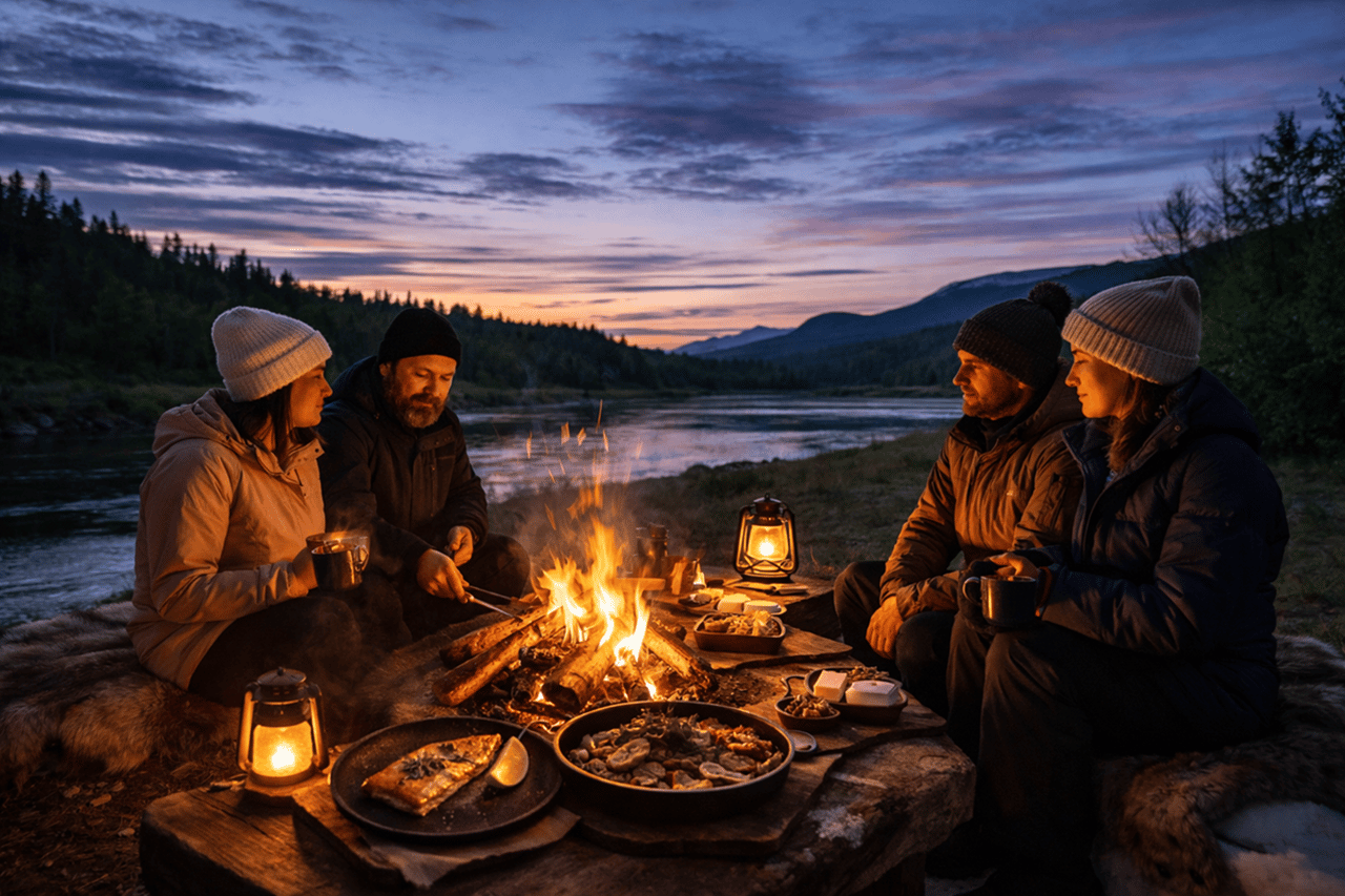 Kiruna: Arktisches Abendessen am Feuer mit Rentier oder arktischem Saibling