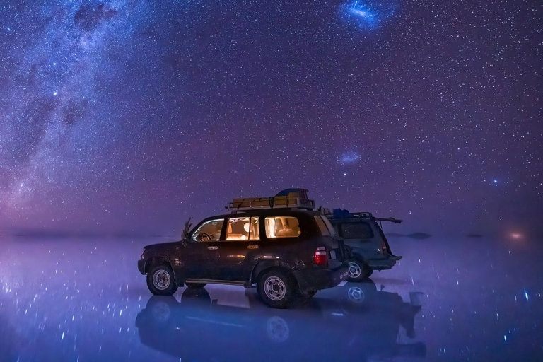 Salines d'Uyuni : Coucher de soleil + Étoiles de nuitSalar de Uyuni- Atardecer + Noche de Estrellas