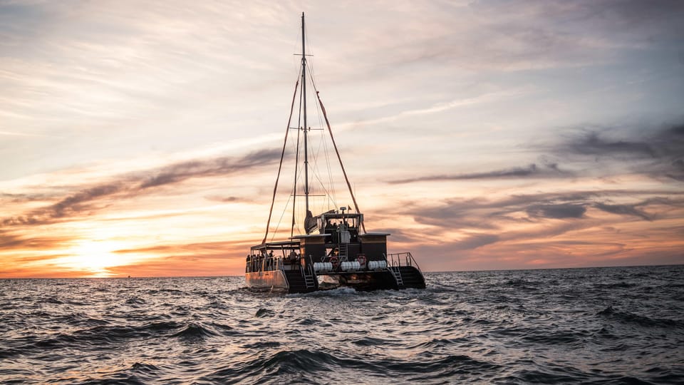 Catamaran seen from behind on the sea under an orange and pink evening sky, the sun low on the horizon