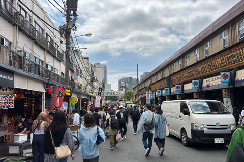 Aventura no mercado externo de Tsukiji com delícias saborosas