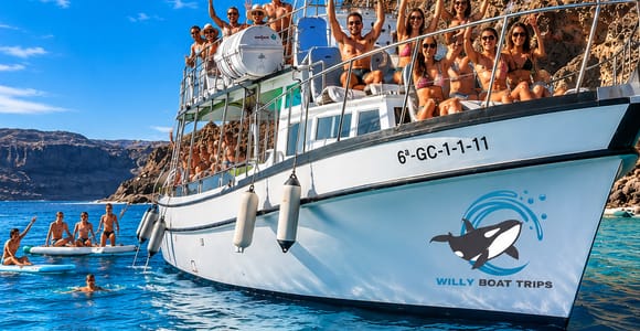Puerto Rico, Gran Canaria: Boat Tour with Drinks, Food, Paddleboarding, Surfing, and Snorkeling
