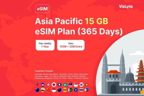 Azjatycki plan danych eSIM 15 GB — pozostań w kontakcie, gdziekolwiek jesteś!Plan eSIM 15 GB dla Tajlandii — zasięg w regionie Azji i Pacyfiku