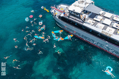 Ibiza: Formentera Sunset Boat Part with Drinks and Food Full Day Pass at Ibiza Boat Club (Early Bird Phase 2)