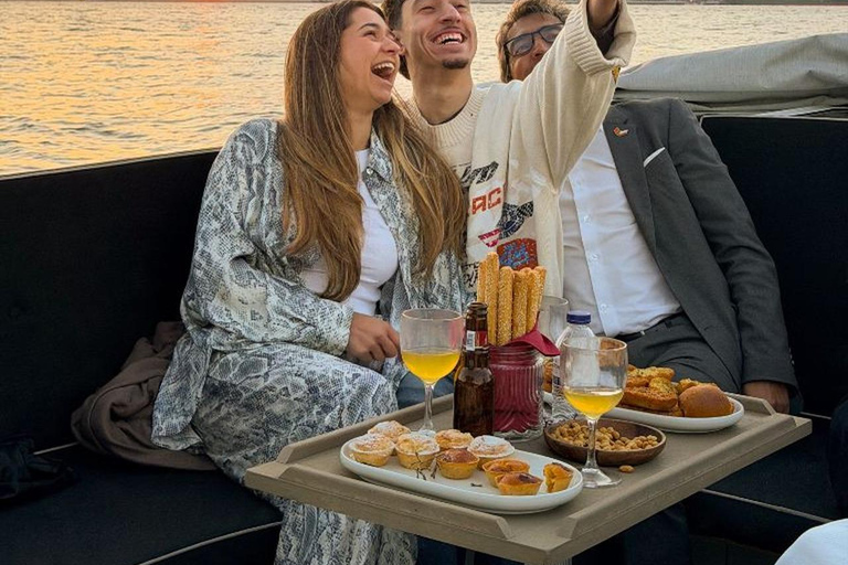 Lisbon Sunset Luxury Boat Vibes with Drinks & Pizza Lisbon Luxury Cozy Cruise with Drinks & Pizza