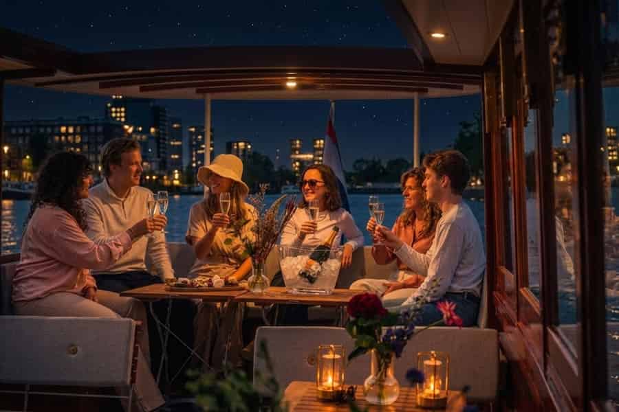 Amsterdam: Abendliche Luxus-Bootsfahrt mit unbegrenztem Prosecco & Snack. Foto: GetYourGuide Amsterdam: Abendliche Luxus-Bootsfahrt mit unbegrenztem Prosecco & Snack. Foto: GetYourGuide