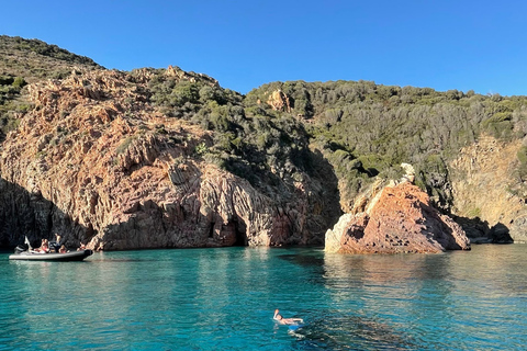 Desde Sagone/Cargèse: Cuevas marinas y snorkel Tour en barco al atardecerPuesta de sol calanques Cargèse