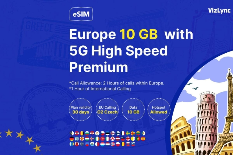 Explorez l'Europe avec un plan de données eSIM Premium à haut débit de 10 GoExplorez l'Europe avec une carte eSIM Premium 5G haut débit de 10 Go (30 jours)