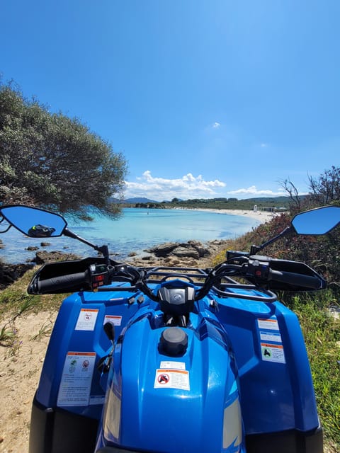 Handlebars of a blue quad bike with a sandy bay and turquoise water in the background