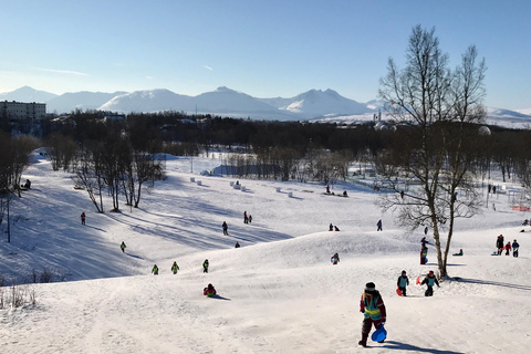 Tromsö: Snösläde med renskinn och varma drycker.