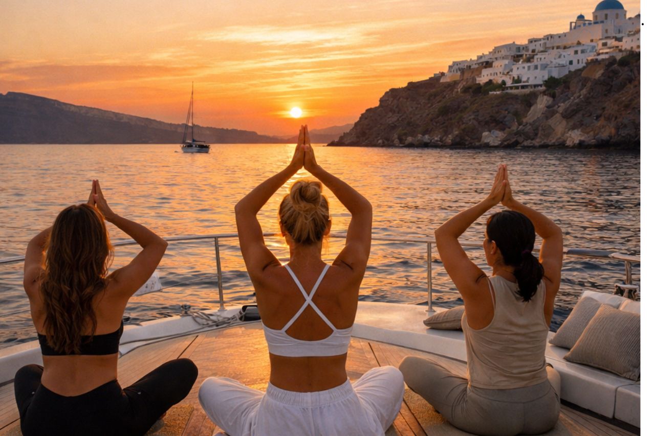 Santorin: Yacht-Tour bei Sonnenuntergang mit privater Yoga-Sitzung