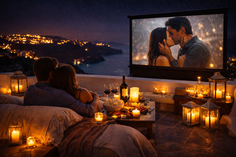 Santorini: Movie Night with Sunset View, Wine & Candles