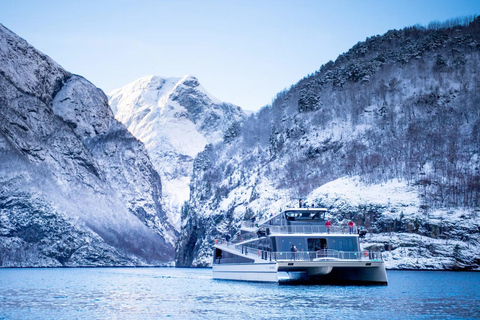 Tour invernale Villaggio vichingo, crociera sul Nærøyfjord e ferrovia di FlåmTour invernale al villaggio vichingo, crociera sul Nærøyfjord e ferrovia di Flåm