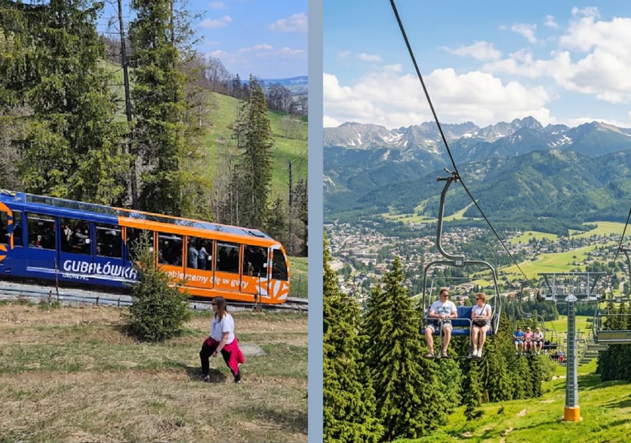 Funicular rails climbing a green hillside towards a broad ridge above Zakopane