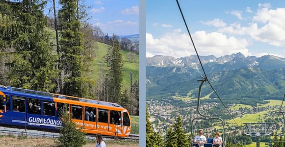 Funicular rails climbing a green hillside towards a broad ridge above Zakopane