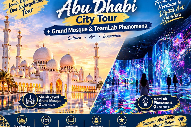 Abu Dhabi: Blue Mosque & teamLab Phenomena Tour with Entry Abudhabi: Full Day Premium Pass Tour With 24K Gold Coffee