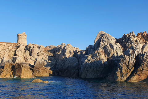 Au départ de Sagone/Cargèse : Excursion en bateau au coucher du soleil pour découvrir les grottes marines et faire de la plongée avec masque et tuba.Calanques du coucher de sol