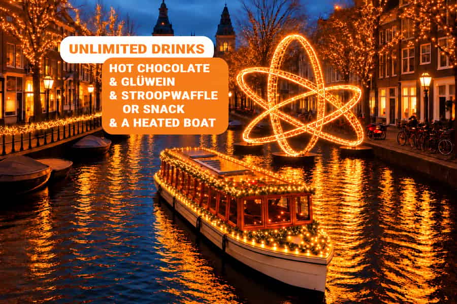 Amsterdam: Winter-Lichterfahrt, beheizt + unbegrenzte Getränke & Snack. Foto: GetYourGuide Amsterdam: Winter-Lichterfahrt, beheizt + unbegrenzte Getränke & Snack. Foto: GetYourGuide