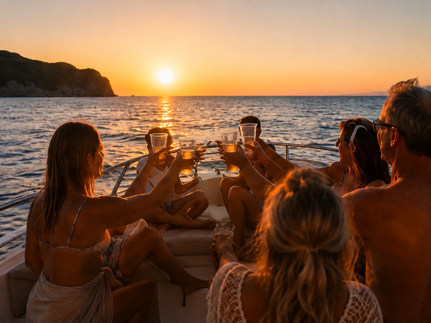 Aperitif auf dem Boot bei Sonnenuntergang in Palinuro