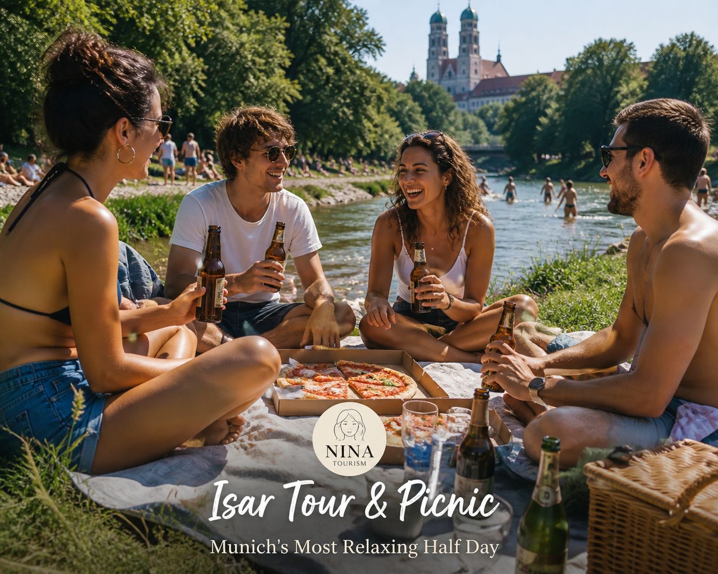 München: Picknick am Fluss mit Pizza und Bier