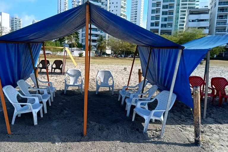 Cartagena: SUN TENT, CHAIRS on Castillogrande beach+LUNCH