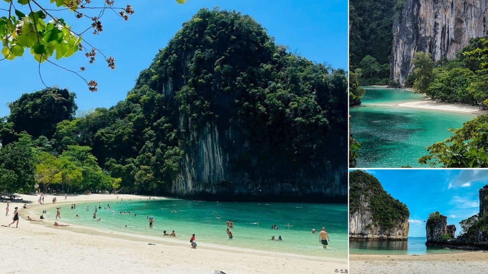 Shallow emerald lagoon enclosed by jungle-topped limestone walls, a speedboat waiting at the entrance