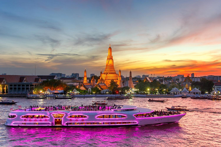 Bangkok Chao Phraya Cruise with Luxury Buffet & Open Deck Private Transfer |Wat Paknam+Chao Phraya Night Cruise Buffet