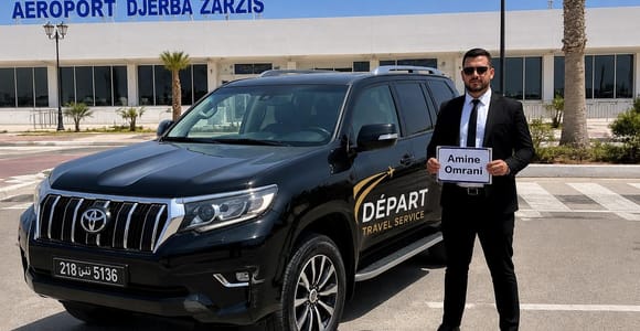 A driver in a black suit holding a name sign beside a black SUV in front of the Djerba-Zarzis airport terminal
