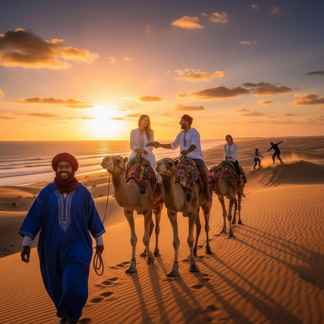 Agadir : sandboard et balade à dos de chameau au coucher du soleil avec barbecue en option