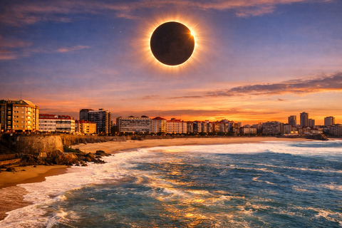 Solar Eclipse in Galicia with Lugo and Roman Wall from Santiago