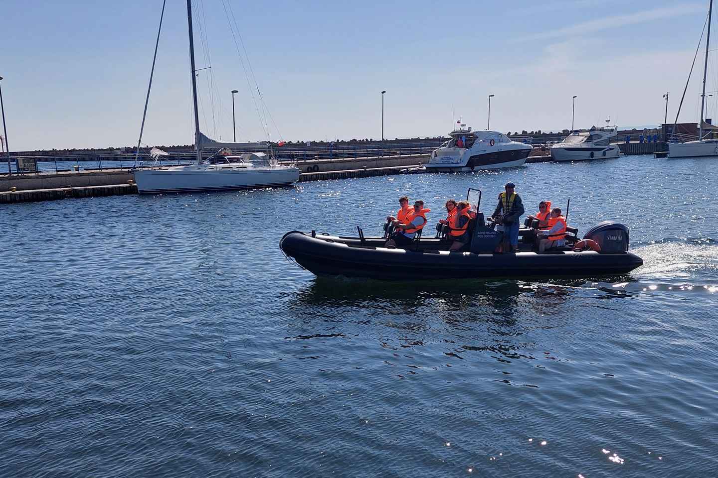 Speed boat at the end of the pier in Sopot. Speed 100 km/h