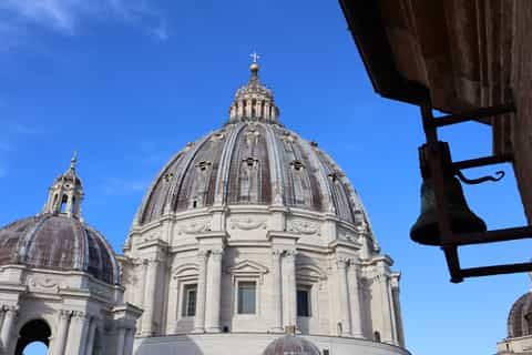 St. Peter's Basilica facade in Rome with visitors outside